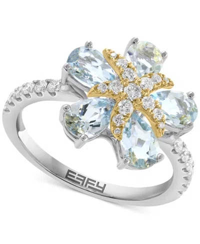 Effy Collection Effy Aquamarine (1-5/8 Ct. T.w.) & Diamond (3/8 Ct. T.w.) Flower Ring In Sterling Silver & 14k Gold- In Blue