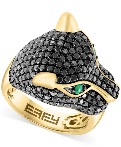 Effy Collection Effy Black Diamond (1-3/4 Ct. T.w.) & Emerald (1/10 Ct. T.w.) Panther Head Ring In 14k Gold In Yellow Gol