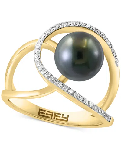 Effy Collection Effy Black Tahitian Pearl (8mm) & Diamond (1/6 Ct. T.w.) Abstract Openwork Statement Ring In 14k Gol In Yellow Gol