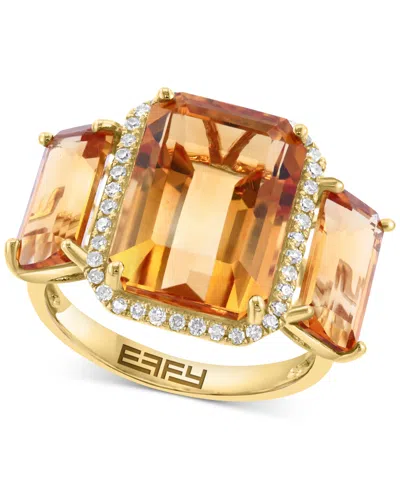 Effy Collection Effy Citrine (10 Ct. T.w.) & Diamond (1/5 Ct. T.w.) Three Stone Ring In 14k Gold
