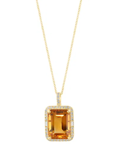 Effy Collection Effy Citrine (11-1/3 Ct. T.w.) & Diamond (1/3 Ct. T.w.) Emerald-cut Halo 18" Pendant Necklace In 14k In Yellow