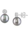 Effy Collection Effy Cultured Black Tahitian Pearl (9mm) & Diamond (1/4 Ct. T.w.) Stud Earrings In 14k White Gold In White Gold