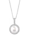 Effy Collection Effy Cultured Freshwater Pearl (10mm) & Diamond (5/8 Ct. T.w.) Halo 18" Pendant Necklace In 14k Whit In White Gold