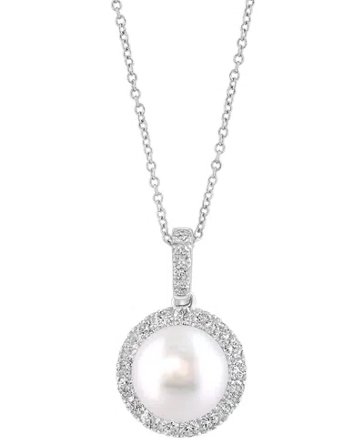 Effy Collection Effy Cultured Freshwater Pearl (10mm) & Diamond (5/8 Ct. T.w.) Halo 18" Pendant Necklace In 14k Whit In White Gold