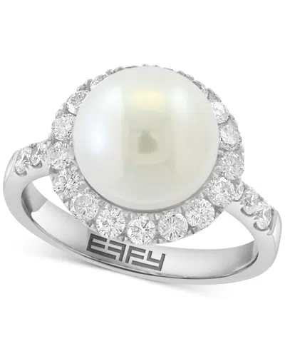 Effy Collection Effy Cultured Freshwater Pearl (10mm) & Diamond (5/8 Ct. T.w.) Halo Ring In 14k White Gold