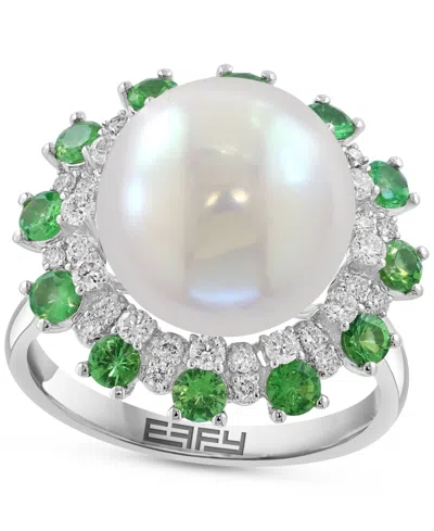 Effy Collection Effy Cultured Freshwater Pearl (11mm), Green & White Diamond (1-1/5 Ct. T.w.) Statement Ring In 14k  In Gold