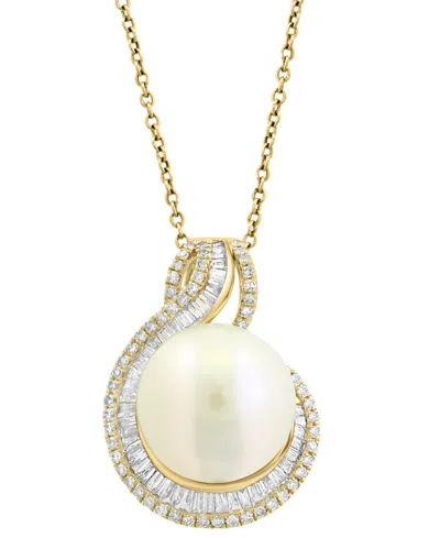 Effy Collection Effy Cultured Freshwater Pearl (12mm) & Diamond (1/2 Ct. T.w.) Swirl Pendant Necklace In 14k Yellow  In Gold