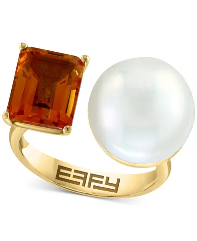 Effy Collection Effy Cultured Freshwater Pearl (13mm) & Citrine (2-7/8 Ct. T.w.) Open Ring In 14k Yellow Gold