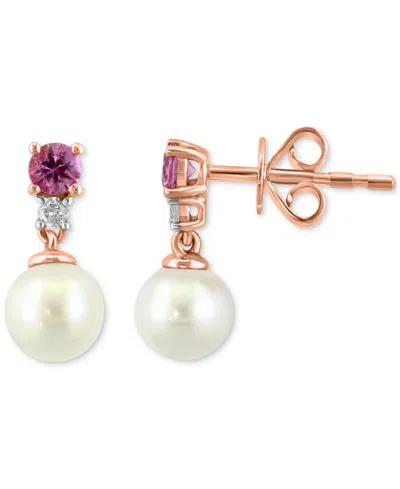 Effy Collection Effy Cultured Freshwater Pearl (5-1/2mm), Pink Sapphire (1/4 Ct. T.w.), And Diamond (1/20 Ct. T.w.) In Rose Gold
