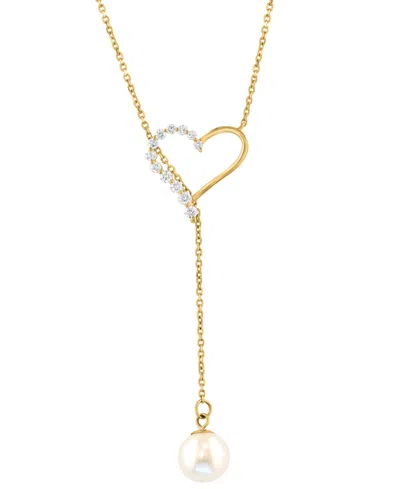 Effy Collection Effy Cultured Freshwater Pearl (6-1/2mm) & Diamond (1/6 Ct. T.w.) Heart 18" Lariat Necklace In 14k G In Gold