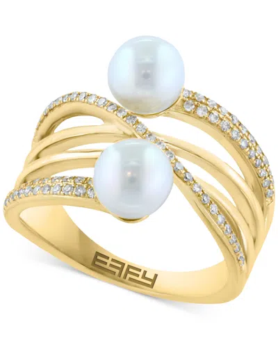 Effy Collection Effy Cultured Freshwater Pearl (6mm) & Diamond (1/4 Ct. T.w.) Multirow Crossover Ring In 14k Gold