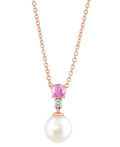 Effy Collection Effy Cultured Freshwater Pearl (7-1/2mm), Pink Sapphire (1/4 Ct. T.w.) & Diamond Accent 18" Pendant In Rose Gold