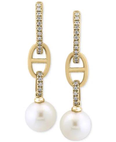Effy Collection Effy Cultured Freshwater Pearl (7mm) & Diamond (1/8 Ct. T.w.) Mariner Link Drop Earrings In 14k Gold