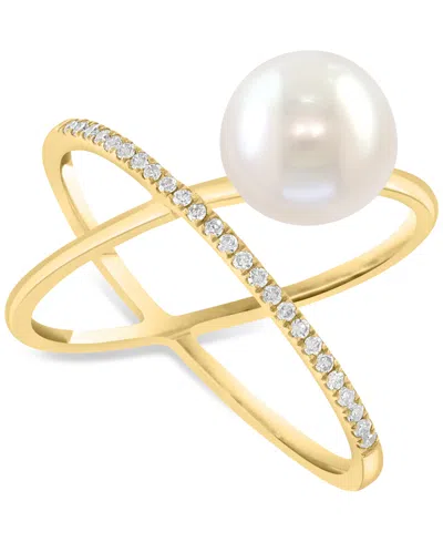 Effy Collection Effy Cultured Freshwater Pearl (8-1/2mm) & Diamond (1/10 Ct. T.w.) Crisscross Ring In 14k Yellow Gol In Gold