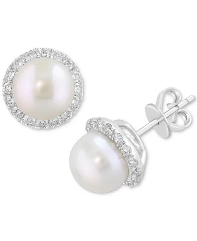 Effy Collection Effy Cultured Freshwater Pearl (8mm) & Diamond (1/2 Ct. T.w.) Halo Stud Earrings In 14k White Gold
