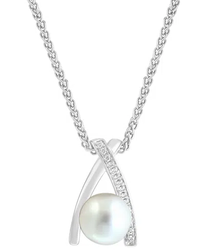 Effy Collection Effy Cultured Freshwater Pearl (8mm) & Diamond (1/20 Ct. T.w.) Crisscross 18" Pendant Necklace In St In Sterling Silver