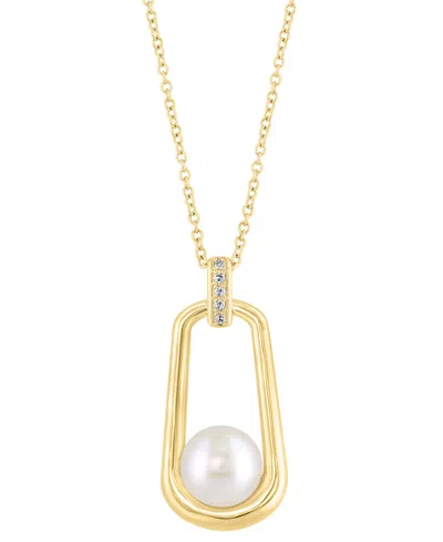 Effy Collection Effy Cultured Freshwater Pearl (8mm) & Diamond Accent Polished Oval 18" Pendant Necklace In 14k Gold