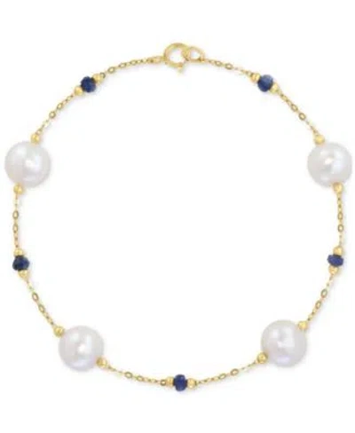 Effy Collection Effy Cultured Freshwater Pearl 8mm Sapphire Chain Link Bracelet In 14k Gold Collection In Yellow Gol