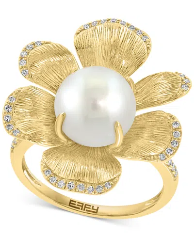 Effy Collection Effy Cultured Freshwater Pearl (9-1/2mm) & Diamond (1/6 Ct. T.w.) Flower Statement Ring In 14k Yello In Gold