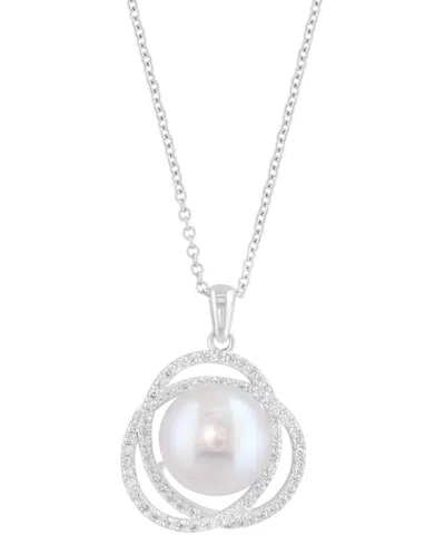 Effy Collection Effy Cultured Freshwater Pearl (9mm) & Diamond (1/3 Ct. T.w.) Swirl Knot 18" Pendant Necklace In 14k In White Gold