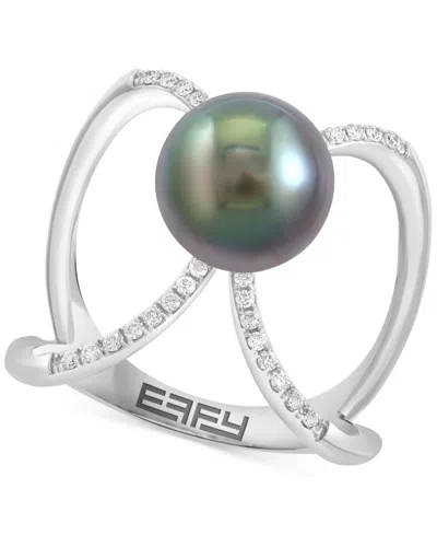 Effy Collection Effy Cultured Tahitian Pearl (9mm) & Diamond (1/10 Ct. T.w.) Openwork Statement Ring In 14k White Go In White Gold
