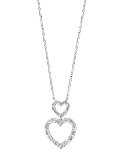 Effy Collection Effy Diamond Round & Baguette Double Heart Pendant Necklace (1/4 Ct. T.w.) In 14k White Gold, 17-1/2 In Silver