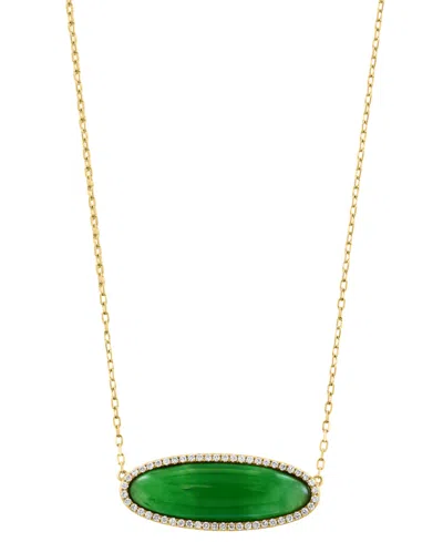 Effy Collection Effy Dyed Jade & Diamond (1/5 Ct. T.w.) Oval Pendant Necklace In 14k Gold, 16" + 2" Extender In Green