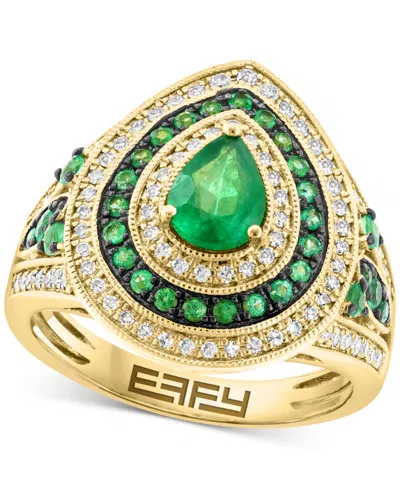 Effy Collection Effy Emerald (1-1/20 Ct. T.w.) & Diamond (3/8 Ct. T.w.) Teardrop Halo Statement Ring In 14k Gold In Yellow Gol