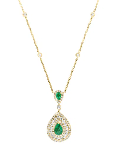 Effy Collection Effy Emerald (3/4 Ct. T.w.) & Diamond (1-1/8 Ct. T.w.) Double Pear Halo 18" Pendant Necklace In 14k In Gold