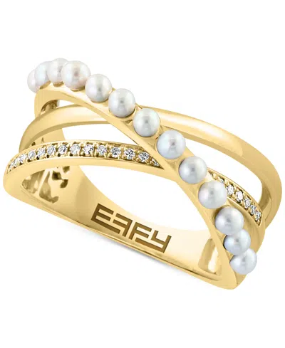 Effy Collection Effy Freshwater Pearl (2mm) & Diamond (1/10 Ct. T.w.) Crossover Statement Ring In 14k Gold In Yellow Gol