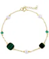 Effy Collection Effy Freshwater Pearl (4-1/2mm), Malachite, & Emerald (1/4 Ct. T.w.) Link Bracelet In 14k Gold In Gold