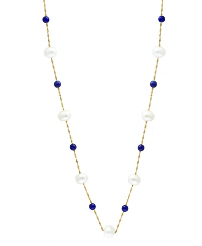 Effy Collection Effy Freshwater Pearl (6-1/2mm) & Lapis Lazuli 18" Collar Necklace In 14k Gold In Blue