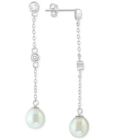 Effy Collection Effy Freshwater Pearl (7mm) & White Topaz (1/5 Ct. T.w.) Linear Drop Earrings In Sterling Silver