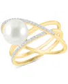 Effy Collection Effy Freshwater Pearl (8-1/2mm) & Diamond (1/10 Ct. T.w.) Multirow Crossover Statement Ring In Yellow Gol