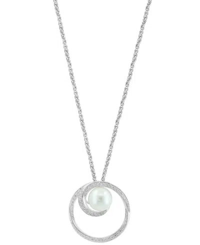 Effy Collection Effy Freshwater Pearl (8-1/2mm) & Diamond (1/3 Ct. T.w.) Swirling Circle 18" Pendant Necklace In Ste In Sterling Silver
