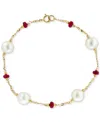 Effy Collection Effy Freshwater Pearl (8mm) & Ruby (2-5/8 Ct. T.w.) Chain Bracelet In 14k Gold In Yellow Gol