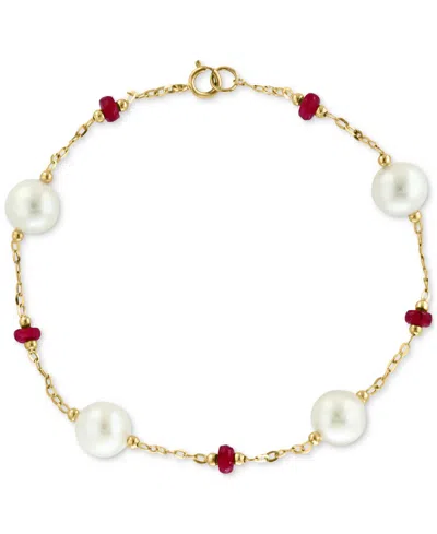 Effy Collection Effy Freshwater Pearl (8mm) & Ruby (2-5/8 Ct. T.w.) Chain Bracelet In 14k Gold In Yellow Gol