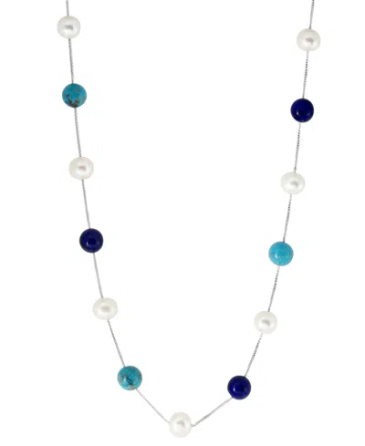 Effy Collection Effy Freshwater Pearl (8mm), Lapis Lazuli, & Turquoise Bead 18" Collar Necklace In Sterling Silver
