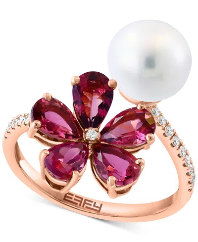 Effy Collection Effy Freshwater Pearl (8mm), Pink Tourmaline (5-1/2 Ct. T.w.) & Diamond (1/8 Ct. T.w.) Flower Bypass