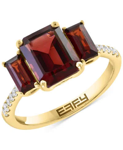Effy Collection Effy Garnet (3-3/8 Ct. T.w.) & Diamond (1/8 Ct. T.w.) 3-stone Ring In 14k Yellow Gold