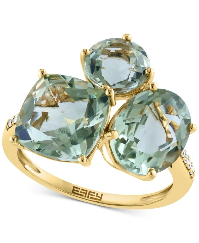 Effy Collection Effy Green Quartz (8 Ct. T.w.) & Diamond (1/20 Ct. T.w.) Three Stone Ring In 14k Gold