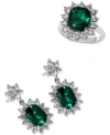 Effy Collection Effy Lab Grown Emerald Lab Grown Diamond Halo Ring Drop Earrings Collection In 14k White Gold In Silver