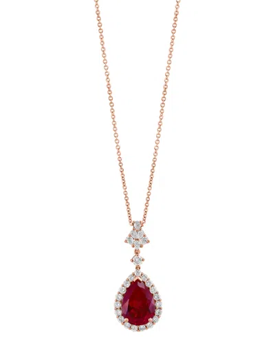 Effy Collection Effy Lab Grown Ruby (7-1/8 Ct. T.w) & Lab Grown Diamond (1 Ct. T.w.) Pear Halo 18" Pendant Necklace  In Red