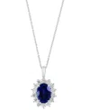 Effy Collection Effy Lab Grown Sapphire (6-1/5 Ct. T.w.) & Lab Grown Diamond (2-1/20 Ct. T.w.) Halo 18" Pendant Neck In Silver