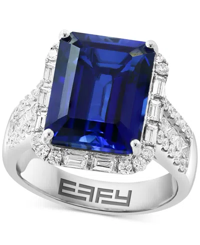 Effy Collection Effy Lab Grown Sapphire (7-5/8 Ct. T.w.) & Lab Grown Diamond (1 Ct. T.w.) Halo Statement Ring In 14k In Silver