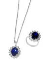 Effy Collection Effy Lab Grown Sapphire Lab Grown Diamond Halo Pendant Necklace Ring Collection In 14k White Gold In Silver