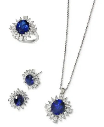 Effy Collection Effy Lab Grown Sapphire Lab Grown Diamond Starburst Halo 18 Pendant Necklace Ring Stud Earrings Coll In Blue