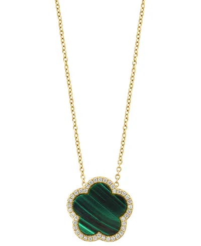 Effy Collection Effy Malachite & Diamond (1/6 Ct. T.w.) Flower Halo 18" Pendant Necklace In 14k Gold In Yellow Gold