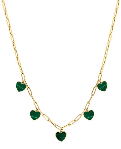 Effy Collection Effy Malachite Heart Dangle Paperclip Link 16" Collar Necklace In 14k Gold