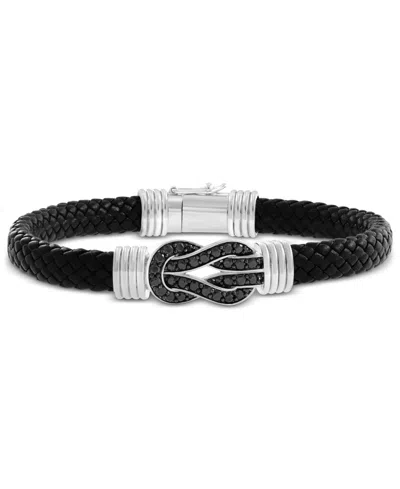 Effy Collection Effy Men's Black Spinel Infinity Loop Woven Leather Bracelet (1-5/8 Ct. T.w.) In Sterling Silver